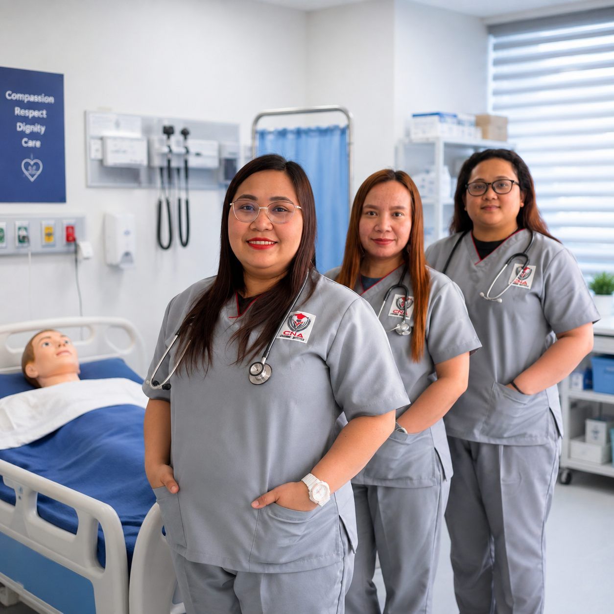 CNA healthcare students in a hospital ward training room