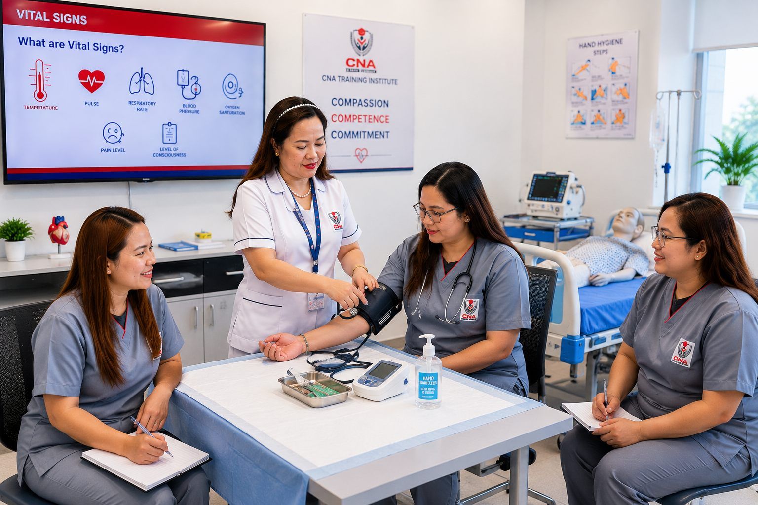 CNA instructor and students reviewing vital signs during a Healthcare & Social Care class