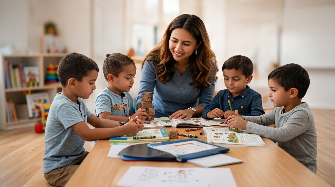 Instructor working with young children in an Education & Early Childhood class